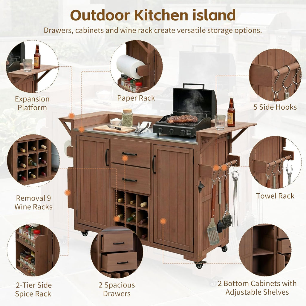Modern 60.2''W Outdoor Kitchen Island with Wheels,Rolling Patio BBQ Cart with Stainless Steel Top,Wood Grill Cart with Spice Rack&Wine Rack,2 Drawers (Brown-T)