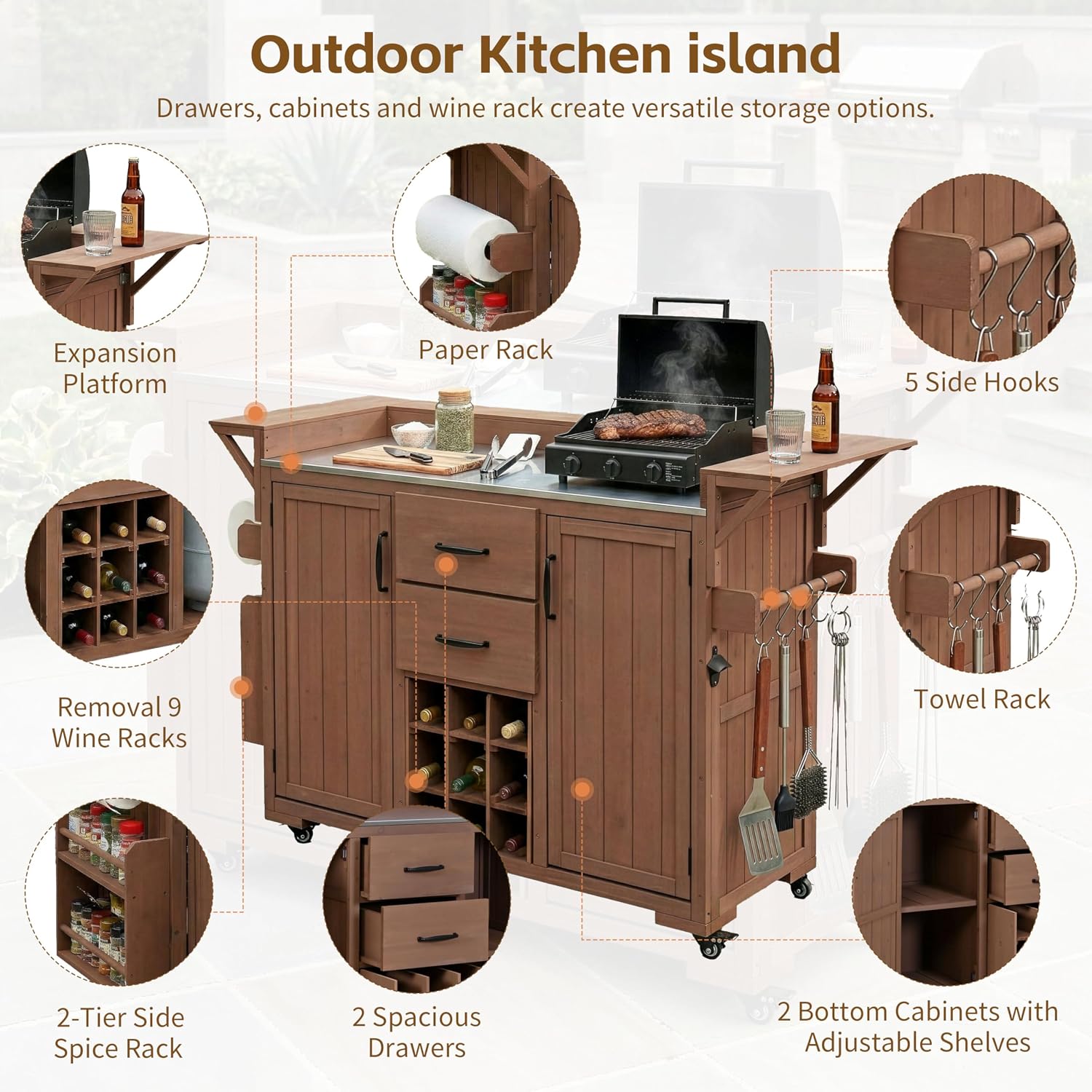 Modern 60.2''W Outdoor Kitchen Island with Wheels,Rolling Patio BBQ Cart with Stainless Steel Top,Wood Grill Cart with Spice Rack&Wine Rack,2 Drawers (Brown-T)