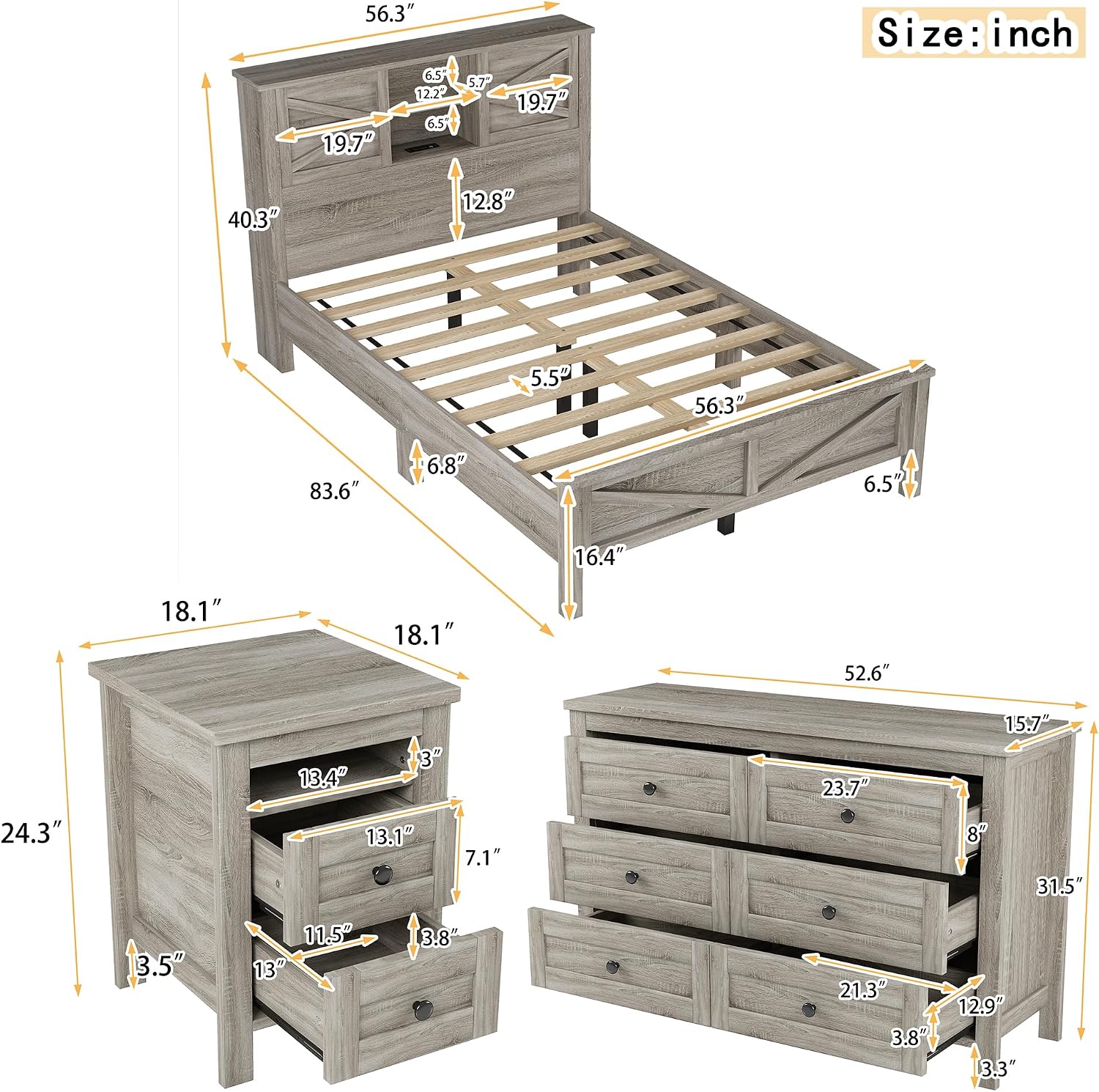 Farmhouse Bedroom Set 3 Pieces, Full Size Wood Platform Bed Frame, Nightstand and Dressing Table, Full Bedframe with Double Sliding Door Headboard and Charging Station (Antique Gray, Full)