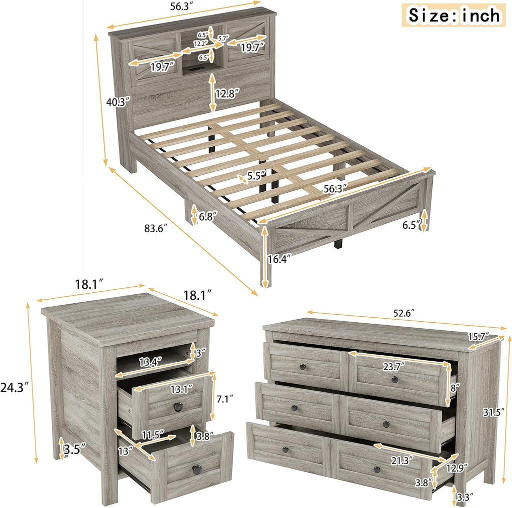 3-Pieces Bedroom Sets, Full Size Wood Farmhouse Platform Bed with Double Sliding Door Storage Headboard and USB&Charging Station, Storage Nightstand and Dresser for Room (Antique Gray-11, Full)