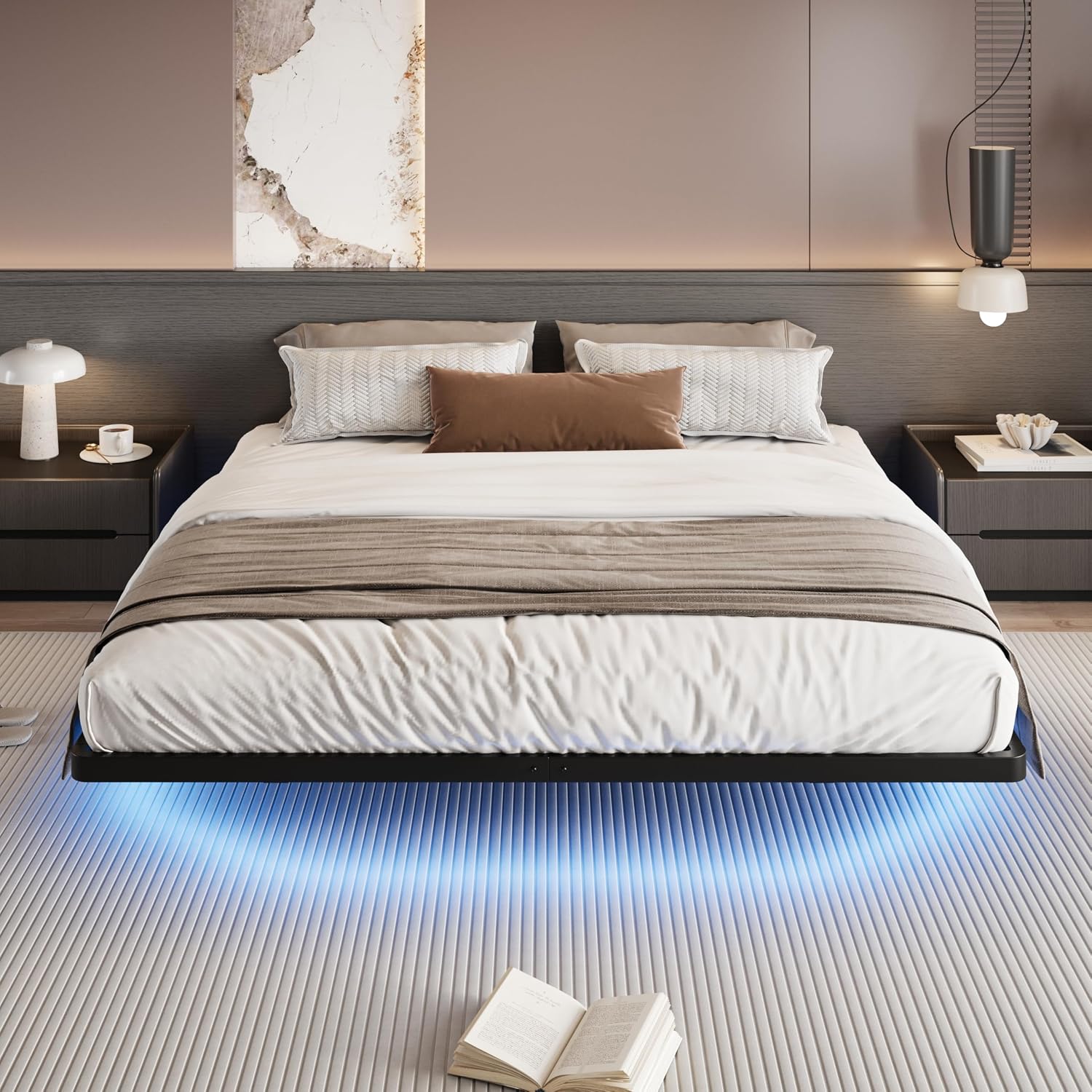 SHA CERLIN Floating Bed Frame King Size with Smart LED Lights and Charging Station, Heavy Duty Metal Platform Bed with Modern Design,No Box Spring Needed, Easy Assembly, Matte Black