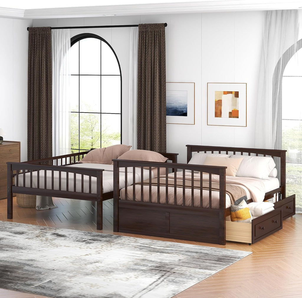 Harper & Bright Designs Full Over Full Wood Bunk Bed with Two Storage Drawers and Ladder, Convertible Storage Bunk Bed Can Be Divided Into Two Full Size Daybeds, Espresso