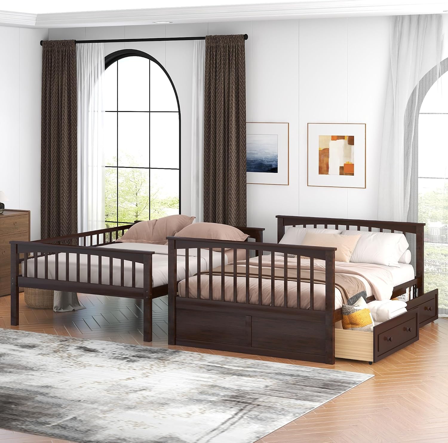 Harper & Bright Designs Full Over Full Wood Bunk Bed with Two Storage Drawers and Ladder, Convertible Storage Bunk Bed Can Be Divided Into Two Full Size Daybeds, Espresso