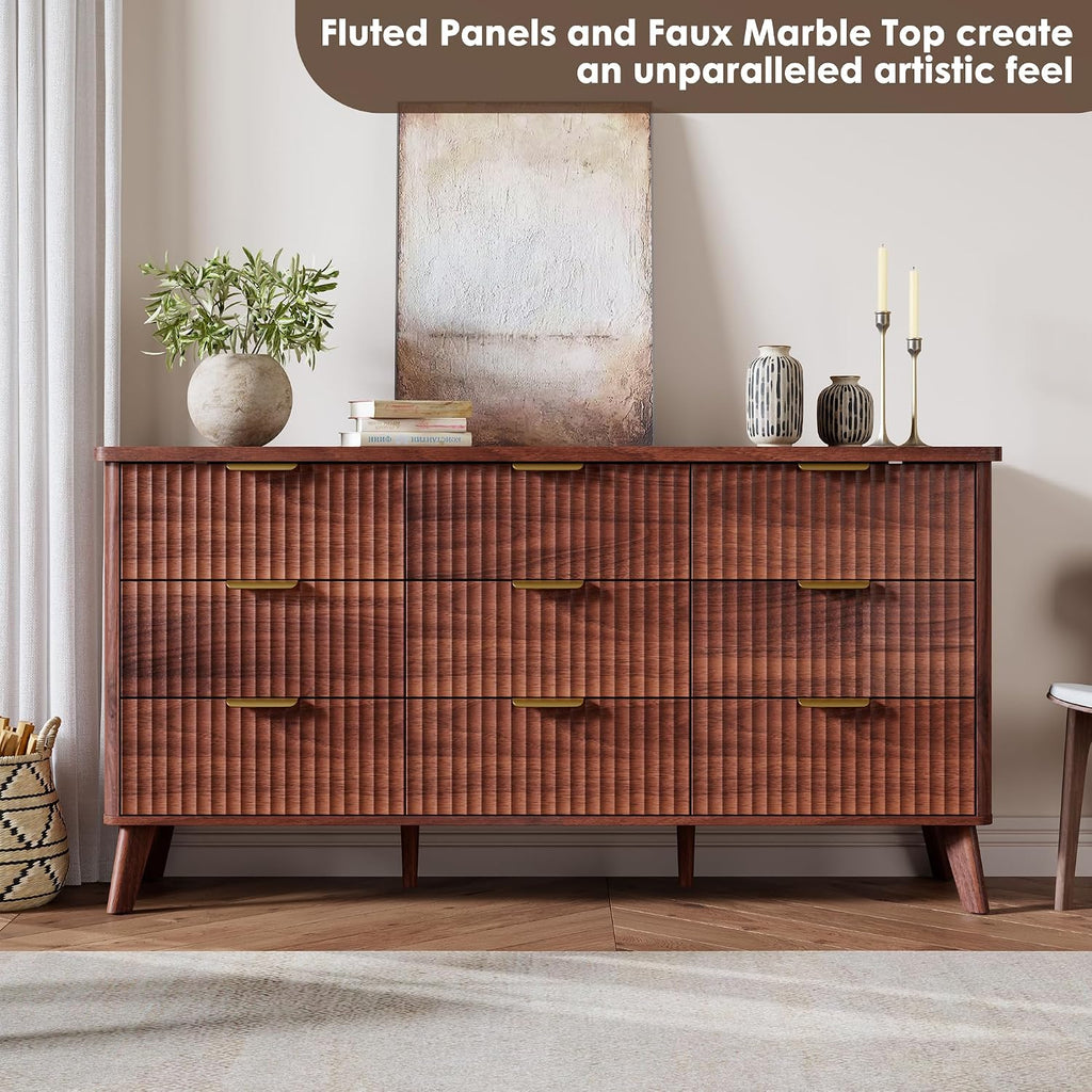 GarveeHome Fluted Dresser for Bedroom with 9 Deep Drawers, 60.6 in Wide Modern Chest of Drawers, Wooden Dresser TV Stand, Curved Profile Design, for Living Room, Kids Room, Hallway, Walnut