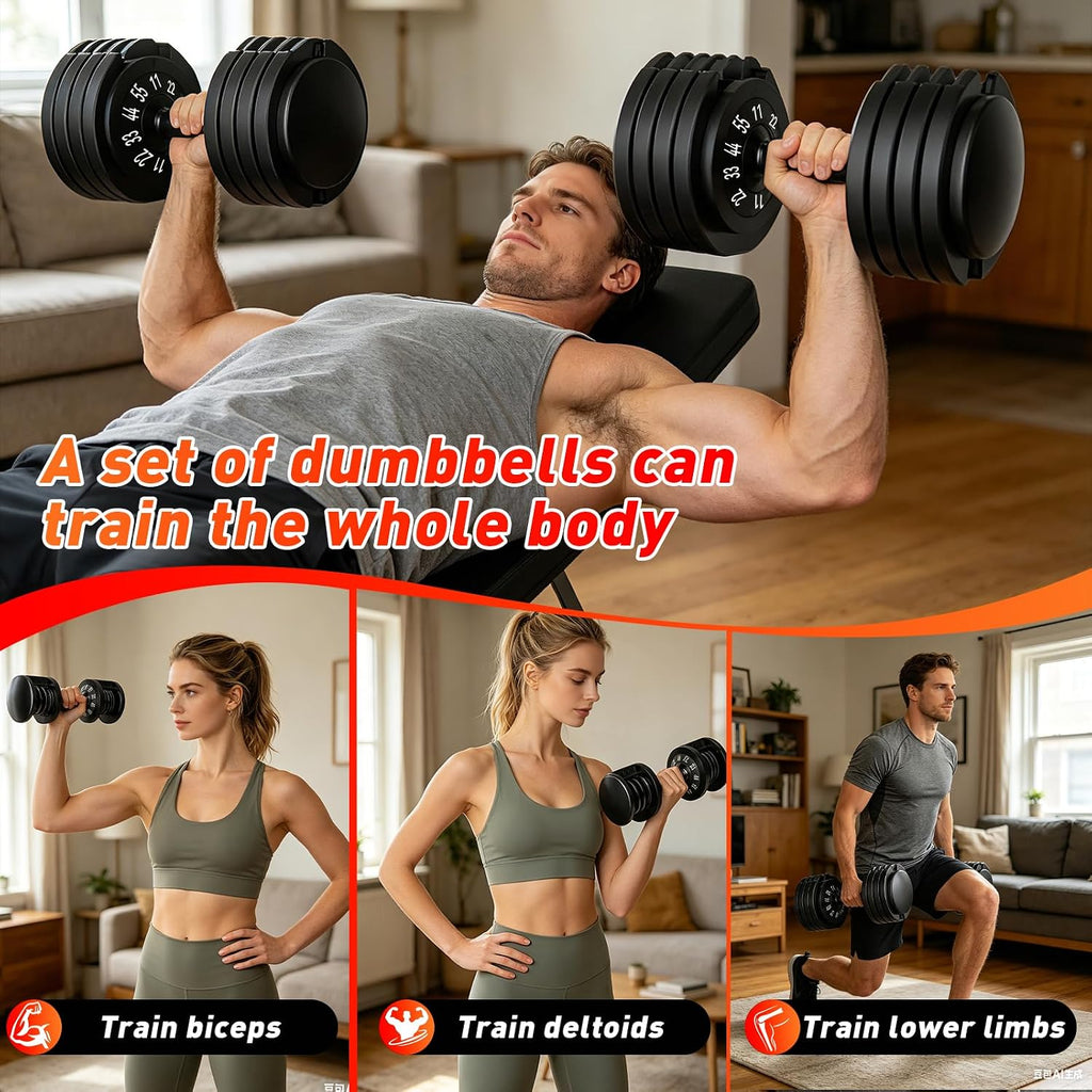 25/55lb Pair Adjustable Dumbbell Set, Adjustable Dumbbells Set of 2, 5 in 1/10 in 1 Free Weights Dumbbells Set with Anti-Slip Texture Handle, Weight Set For Home Gym Suit both Men and Women