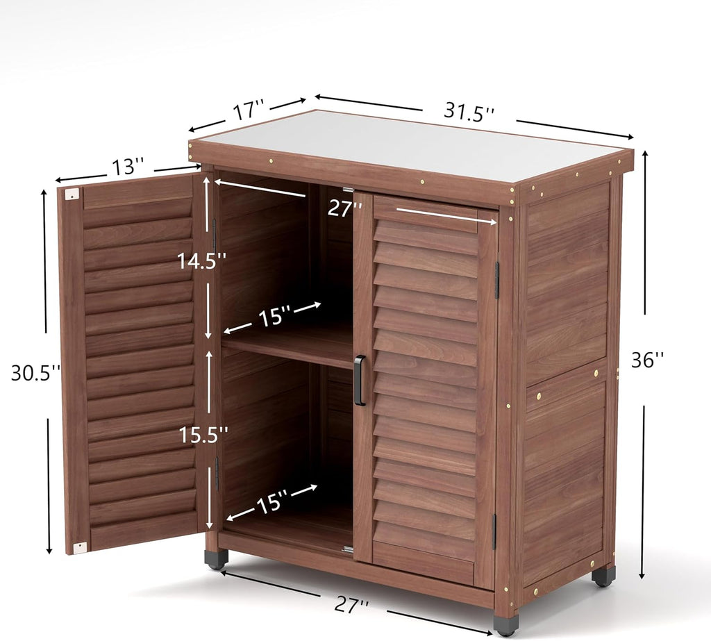 Potting Bench with Storage Cabinet and Metal Table Top for Outdoor Patio, GFurniture Wood Workstation Coffee 31.5x17x36''