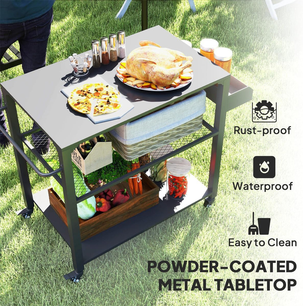 Heavy Duty Camping & Grill Cart with Wheels, 4-Tier Outdoor Serving Station, Stainless Steel Top Portable Kitchen Table for BBQ, Pizza Oven, or Potting Bench