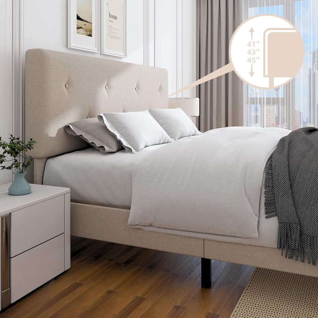 Full Size Linen Bed Frame, Upholstered Platform Bed Frame with Adjustable Headboard, Wooden Slats Support, No Box Spring Needed, Easy Assembly, Beige