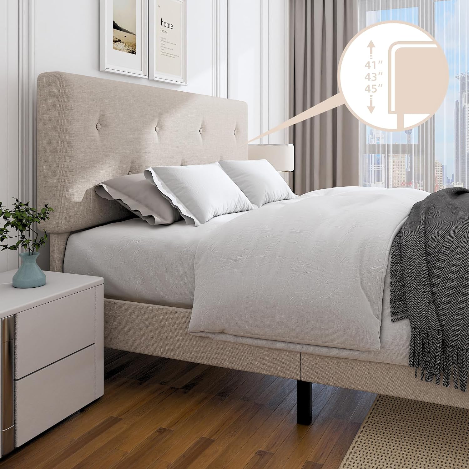 Full Size Linen Bed Frame, Upholstered Platform Bed Frame with Adjustable Headboard, Wooden Slats Support, No Box Spring Needed, Easy Assembly, Beige