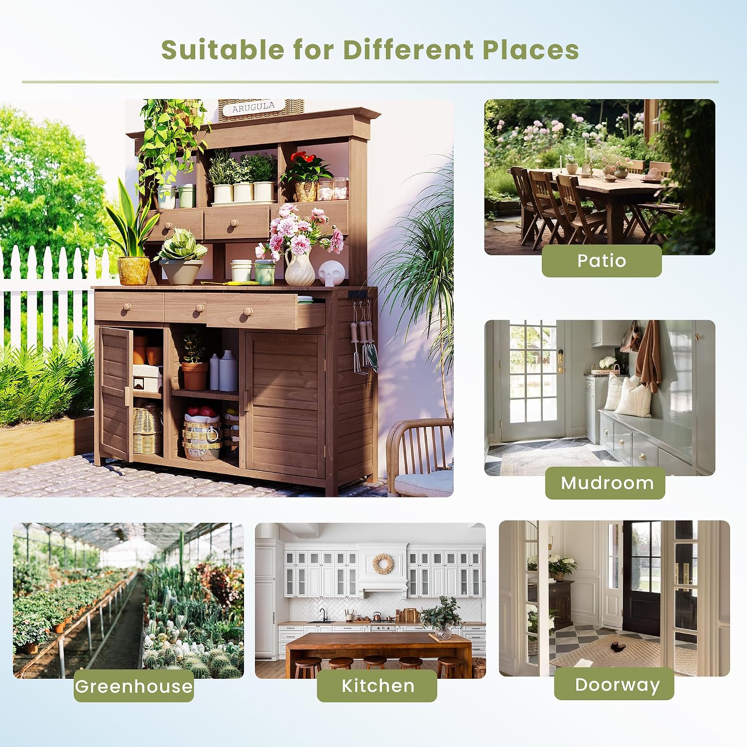 Outdoor Wooden Potting Bench Table, 65.7'' H Tall Fir Wood Workstation with 3 Shelves,6 Drawers and 2 Bottom Cabinets, Large Golden Table with Side Hooks for Patio, Backyard, Mudroom, Brown