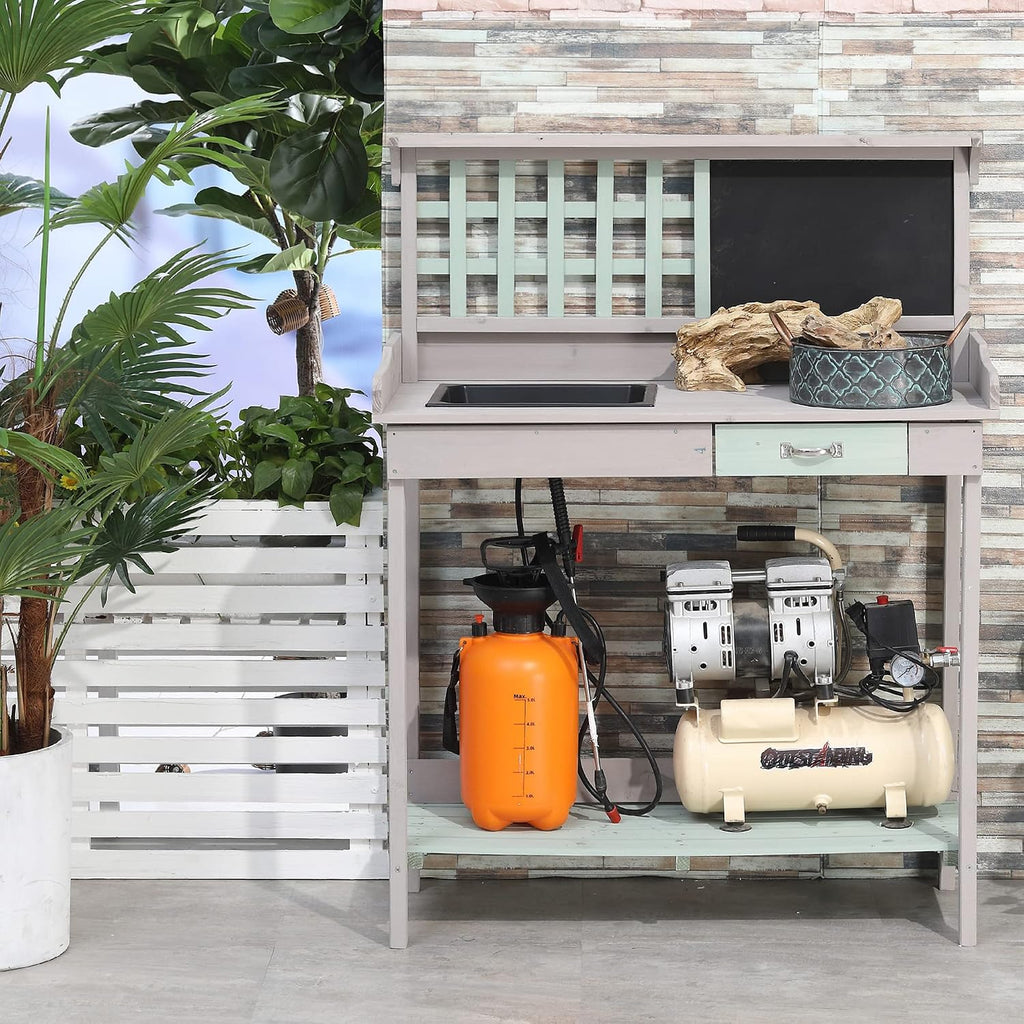 Outdoor Wooden Potting Bench Table with Removable Sink, GWork Bench with Chalkboard, Drawer, Open Shelf Storage, Light Gray