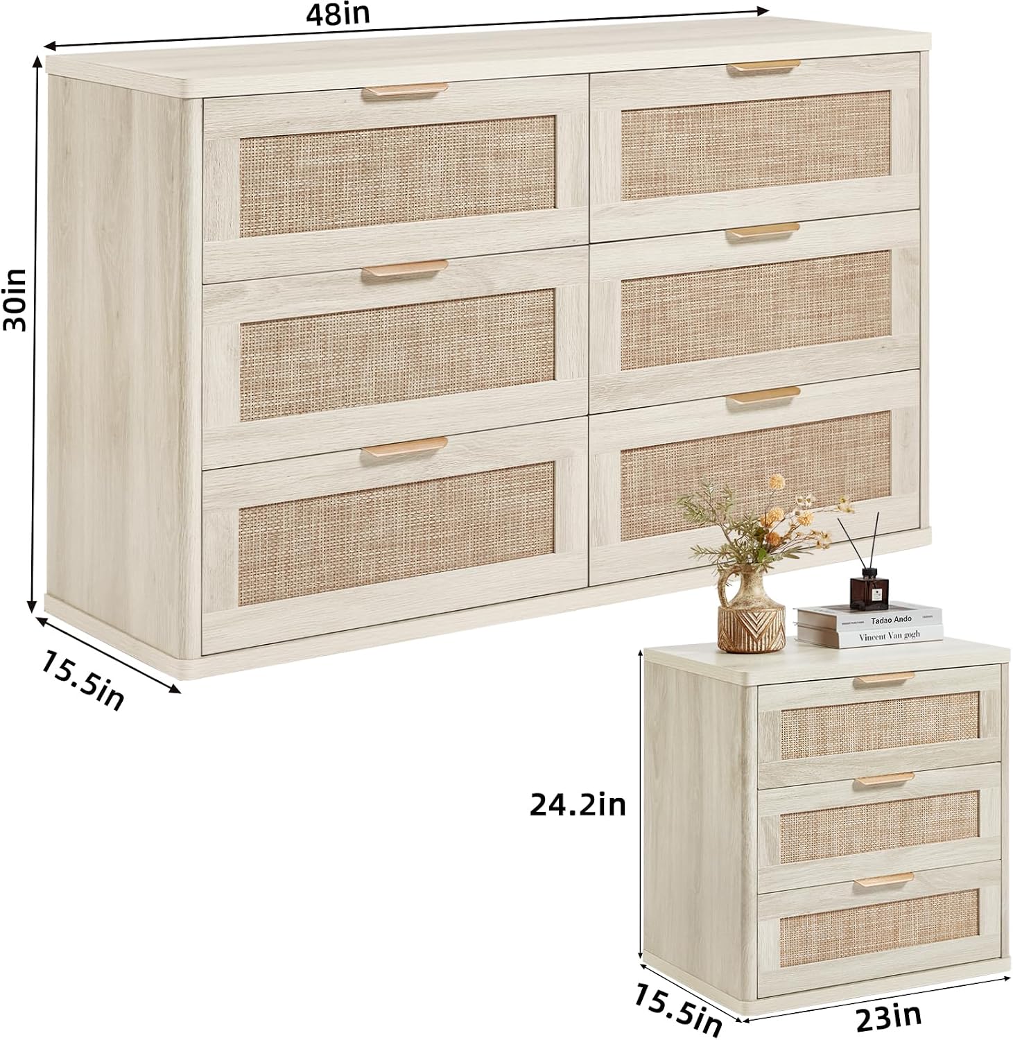 LEYAOYAO Rattan Dresser and Nightstand Sets 3 Piece, Boho Wood Dresser for Bedroom with 6 Drawers and Night Stand with 3 Drawer, Bedroom Furniture, Dressers & Chests of Drawers, Living Room, Hallway