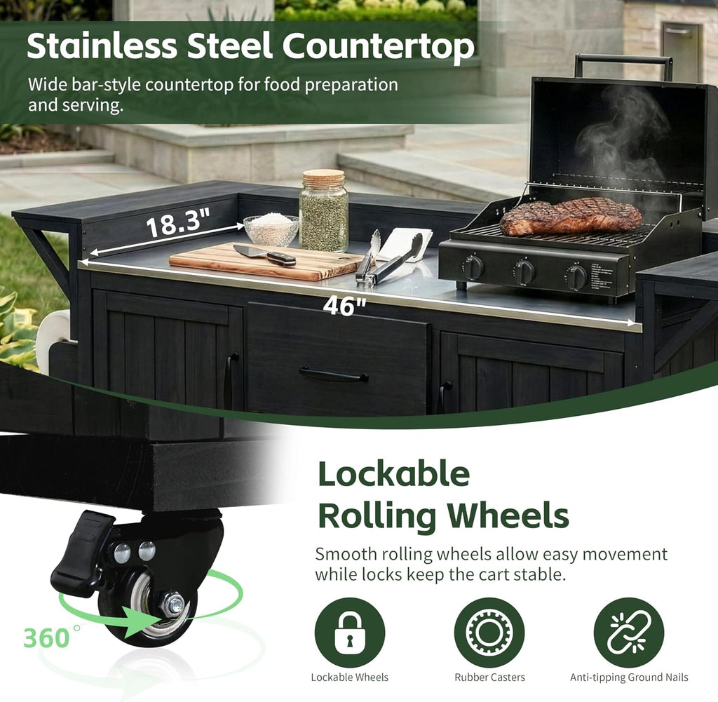Modern 60.2''W Outdoor Kitchen Island with Wheels,Rolling Patio BBQ Cart with Stainless Steel Top,Wood Grill Cart with Spice Rack&Wine Rack,2 Drawers (Black-T)
