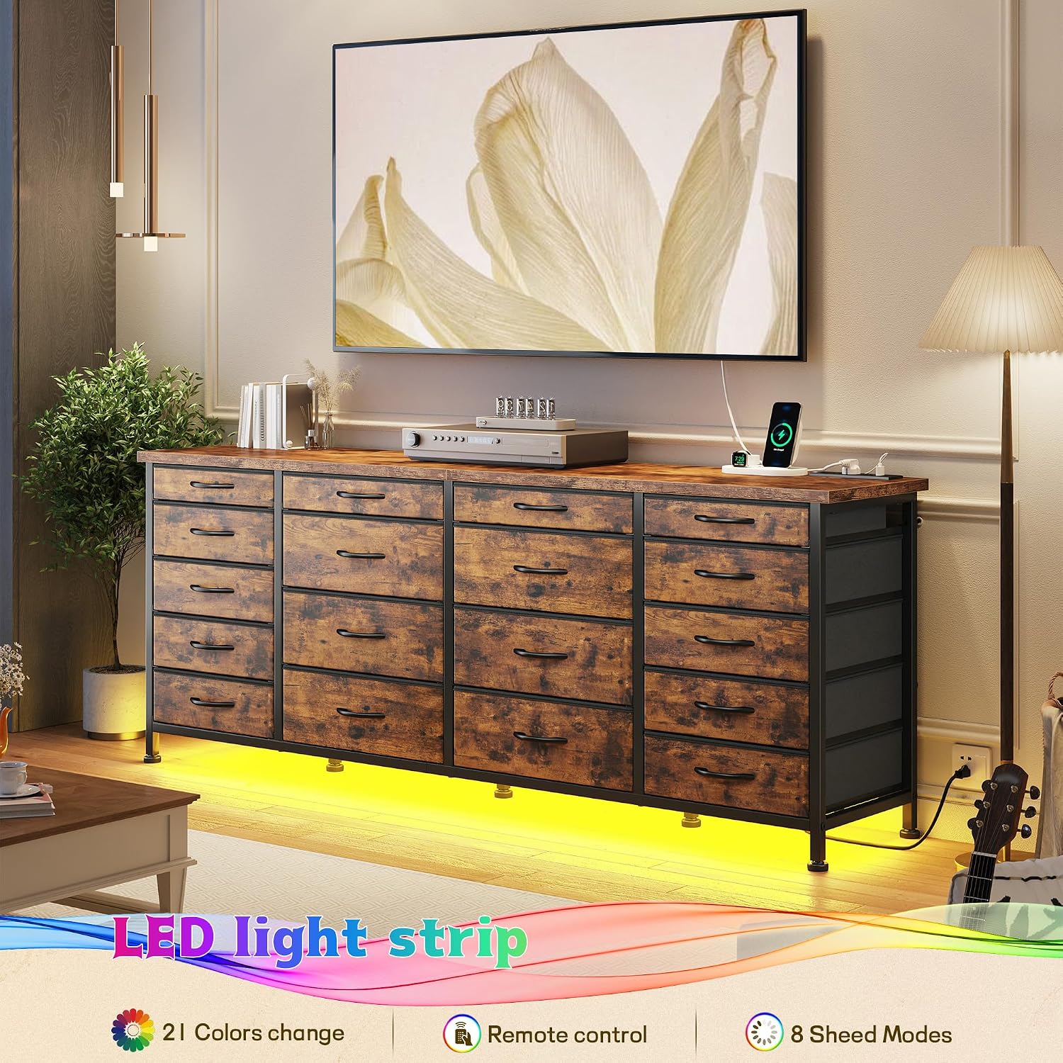 63'W TV Stand for Bedroom with LED Light & Power Outlets, Long Dresser with 18 Deep Drawers for 65 70 75 inch TV, Fabric Dresser TV Stands for Living Room Entryway Hallway Closet, Rustic Brown