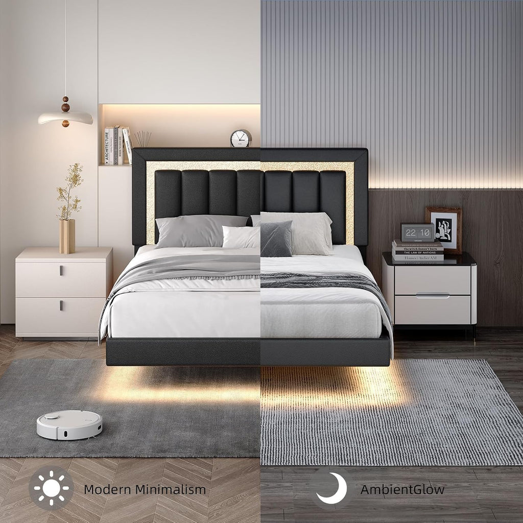 HOMBCK Floating Bed Frame Full with Smart LED Lights, Faux Leather Upholstered Bed Frame Full with Diamond Headboard, No Box Spring Needed, Noise Free, Easy Assembly, Black