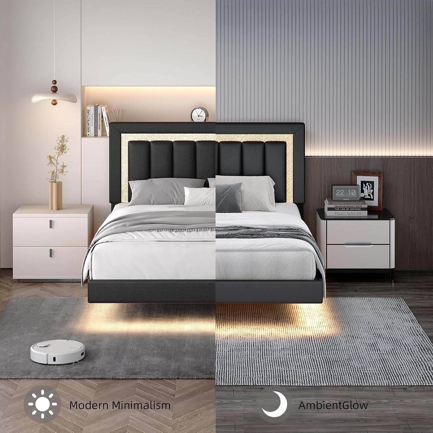 HOMBCK Floating Bed Frame Full with Smart LED Lights, Faux Leather Upholstered Bed Frame Full with Diamond Headboard, No Box Spring Needed, Noise Free, Easy Assembly, Black