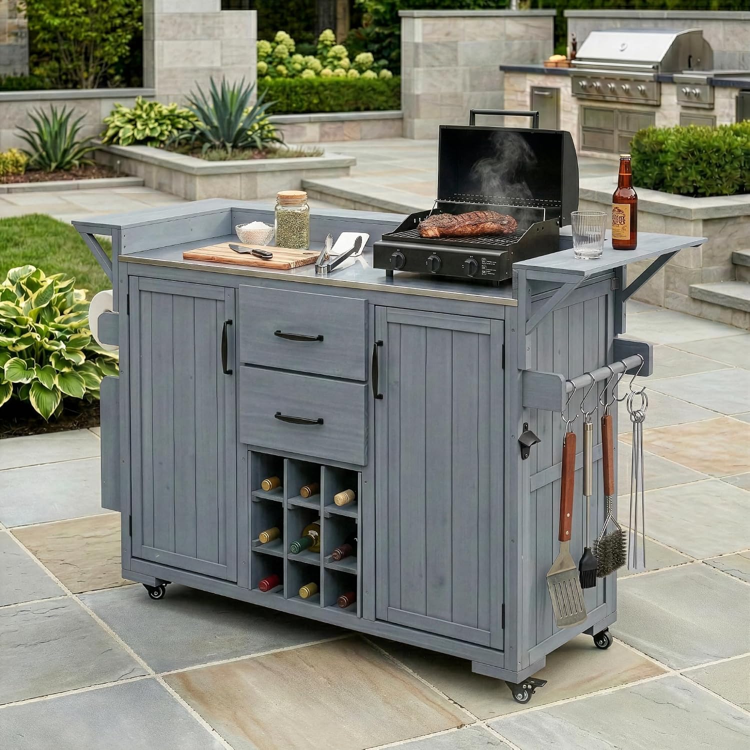 roomfitters Outdoor Grill Cart and Kitchen Island, Stainless Steel Top, Portable Potting Bench with Storage, Wheels, Gray
