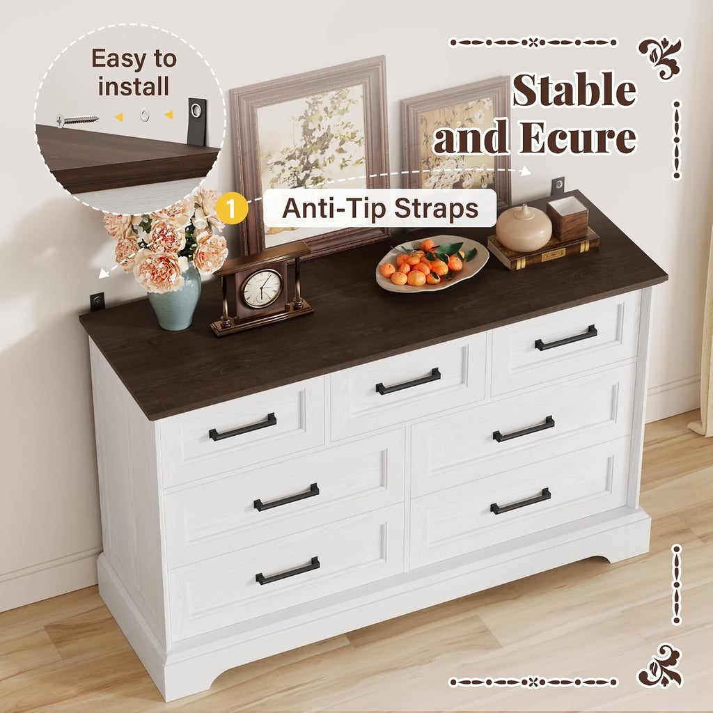 Furmax Farmhouse Dresser for Bedroom, 7 Drawers Dresser, Wood Chest of Drawers, 47.5' Wide Storage Dressers Organizer for Bedroom, Living Room, White and Brown