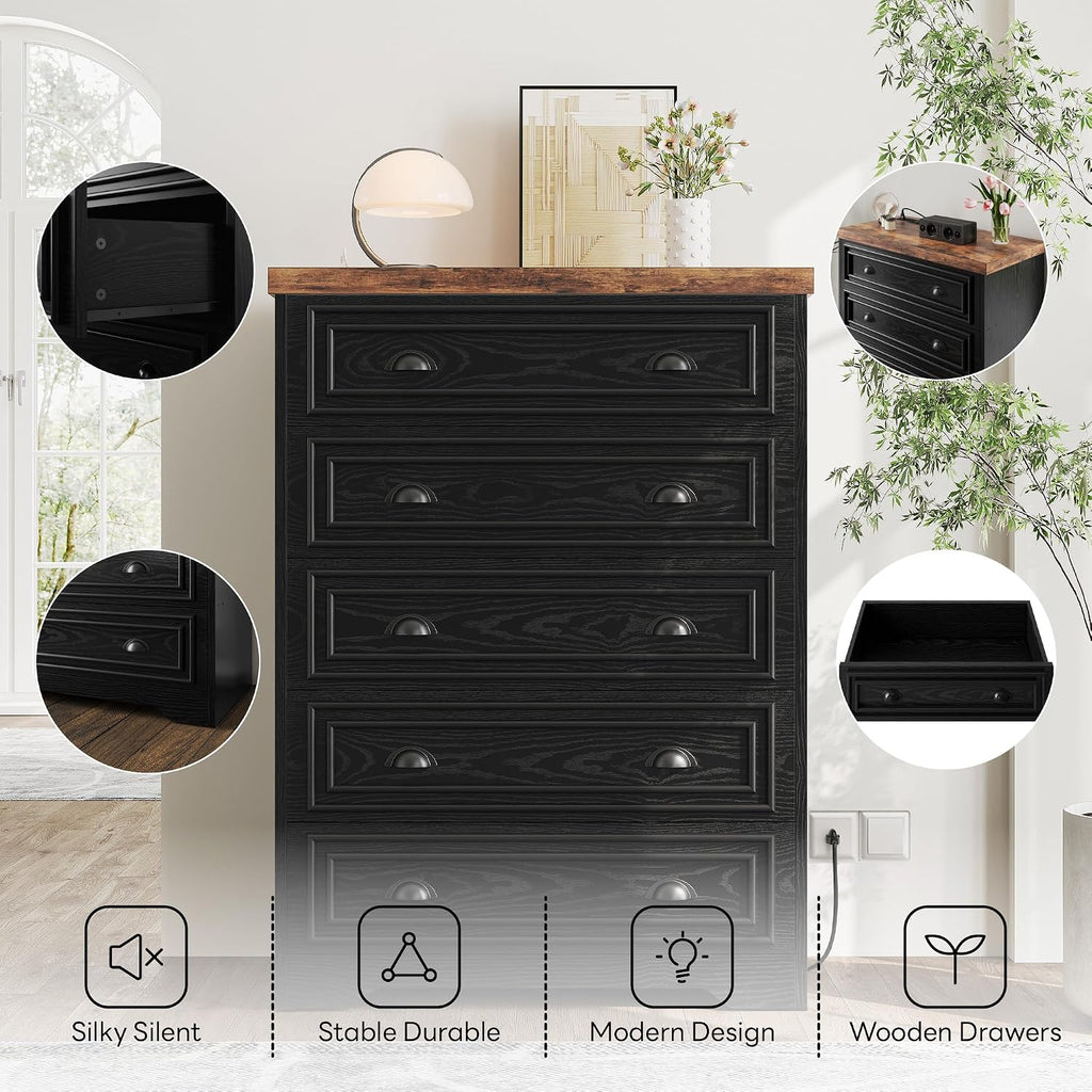 LIKIMIO 43' Tall 5 Drawers Dresser for Bedroom, Power Strip, Farmhouse Large Wood Dressers & Chest of Drawers with Wide Storage Cabinet, Black