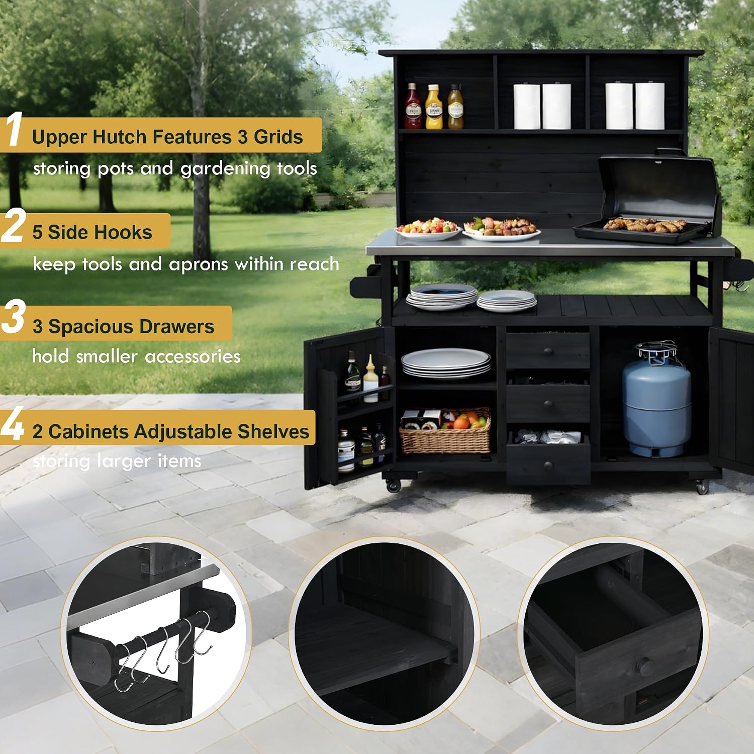 65' H Garden Potting Bench with Storage, Outdoor Wood Kitchen Island Stainless Steel Top, Lockable Wheels, Drawers, Door Shelves & Hutch for Patio Grilling Station, Black