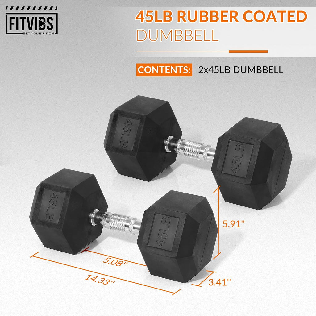 Fitvids Rubber Encased Hex Dumbbell, Hand Weights with Anti-Slip Cast Iron Grip for Exercise & Fitness, Weights Dumbbells Set of 2 for Strength Training, 5-50 LBS Pair