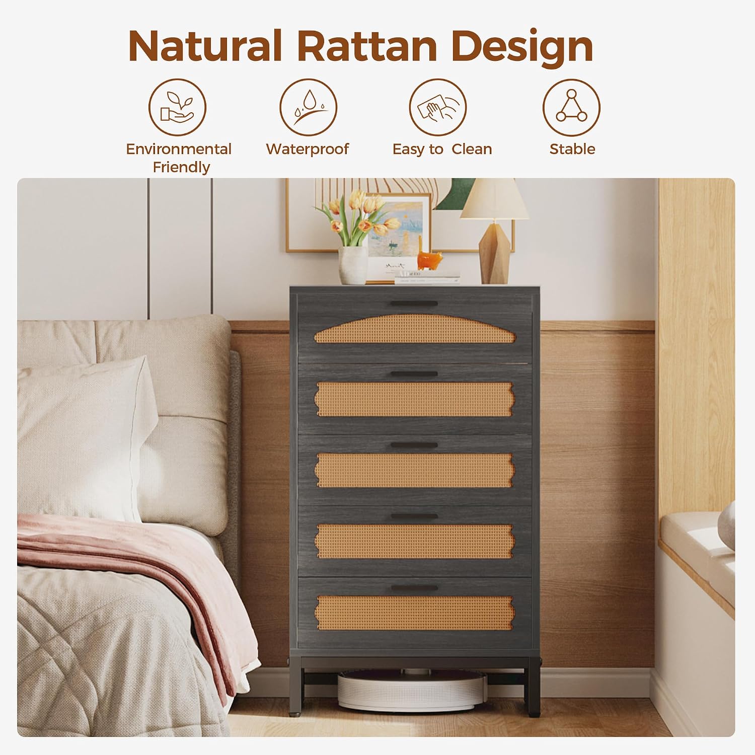 Mericonia 5 Drawer Rattan Dresser for Bedroom, Wood Tall Dresser for Closet with Metal Handles, Boho Nightstand Sets, Dressers & Chests of Drawers for Bedroom, Hallway and Entryway, Black
