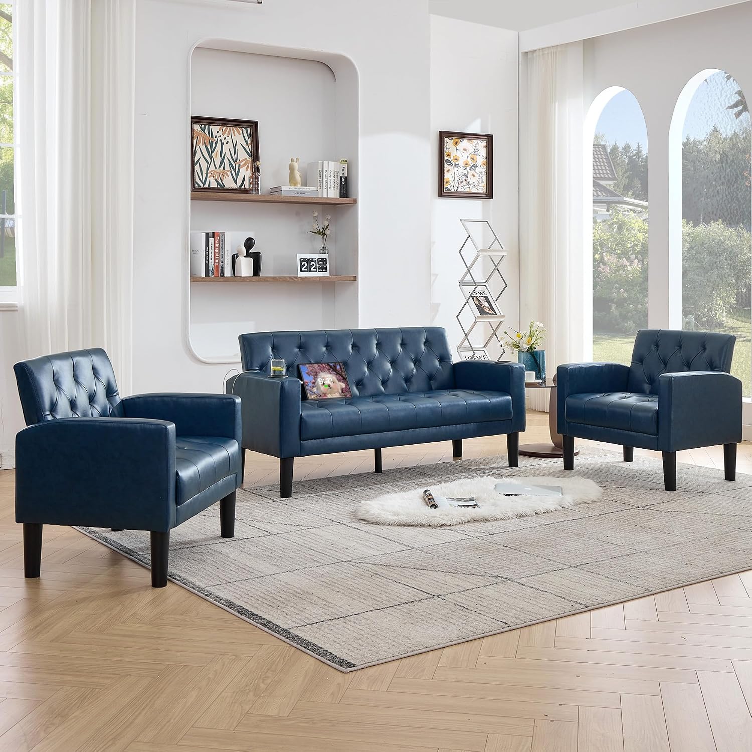 TYBOATLE 62' W Leather Loveseat w/Chairs, 3 Piece Sofa Sets for Living Room w/ 2 USB Charger Ports and 2 Cupholders, Living Room Furniture Sets of 3 (3, Blue)