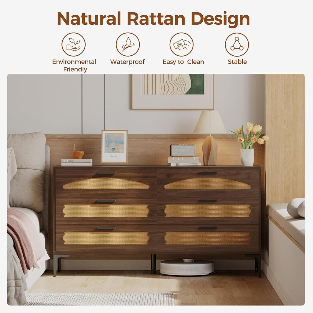 Mericonia 6 Drawer Double Dresser for Bedroom, Wood Rattan Dresser for Closet with Metal Legs, Boho TV Stand with Drawers, Dressers & Chests of Drawers for Bedroom, Hallway and Entryway, Walnut