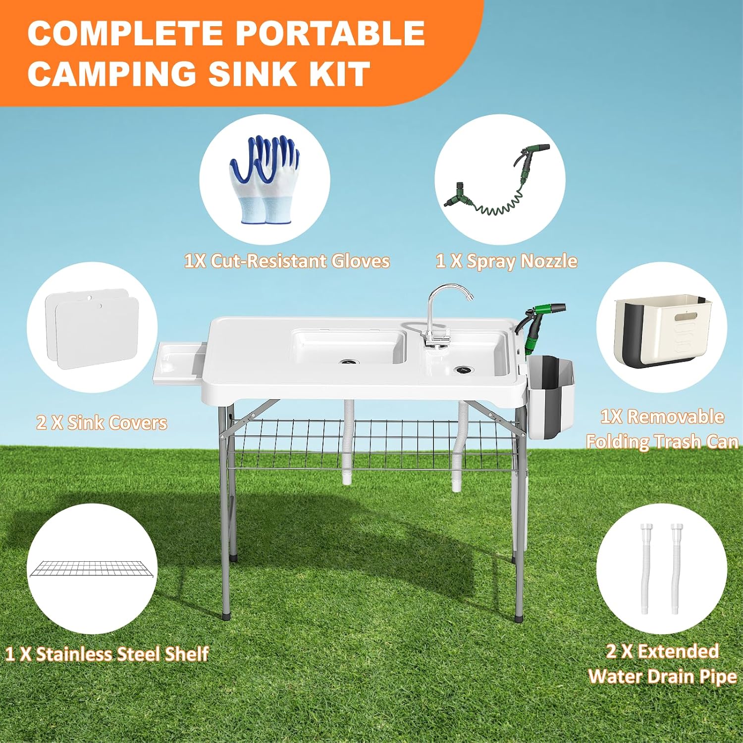 Folding Fish Cleaning Table with 2 Sinks, 42.5'' Portable Camping Sink Table with Foldable Faucet, Drainage Hose, Sprayer, Storage Box,Drawer & Grooves, Outdoor Fillet Station for Picnic, White
