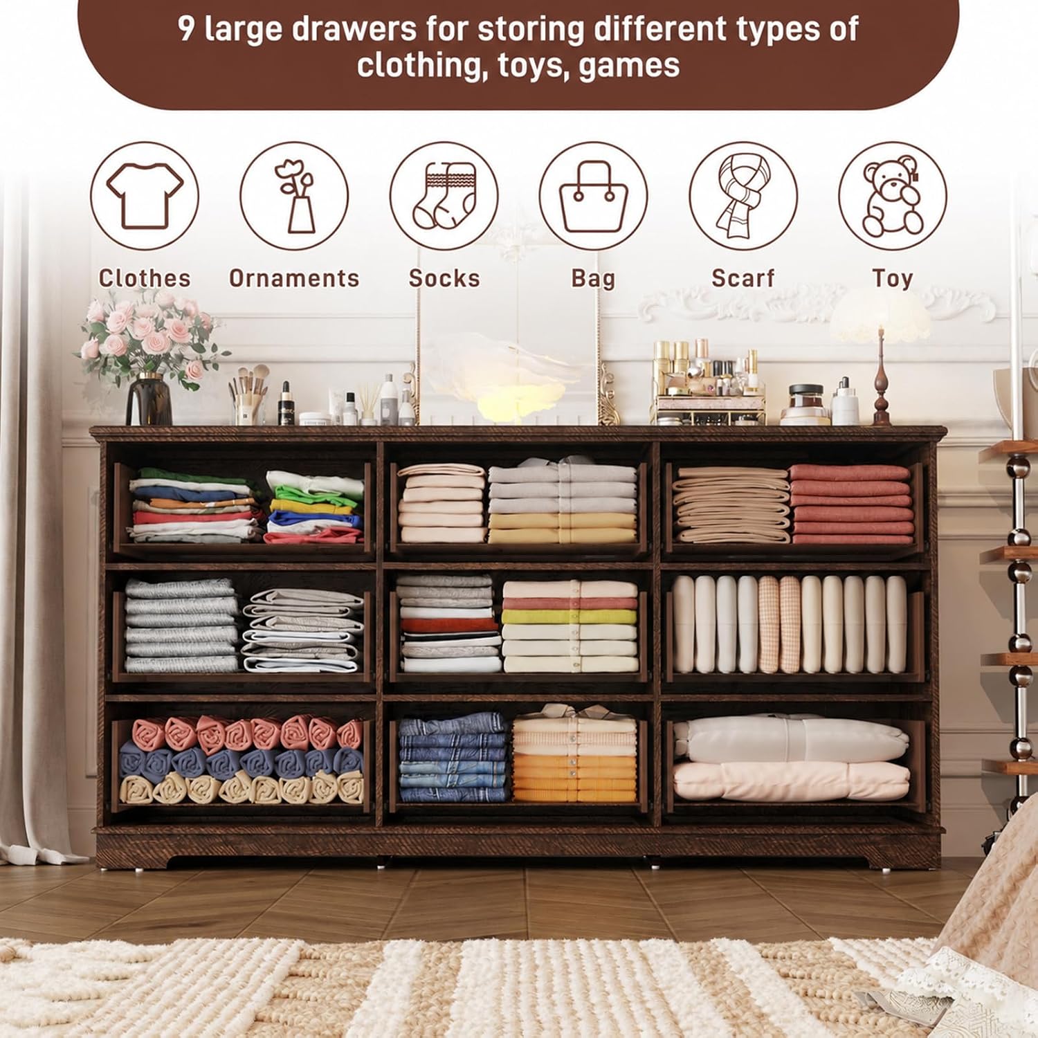 Fluted 9 Drawers Dresser for Bedroom, 63' Wood Dresser with Power Outlet and Deep Drawers, Wide Chest of Drawers, Modern Closet Dressers for Living Room, Upgraded Version with Wooden Drawers, Brown