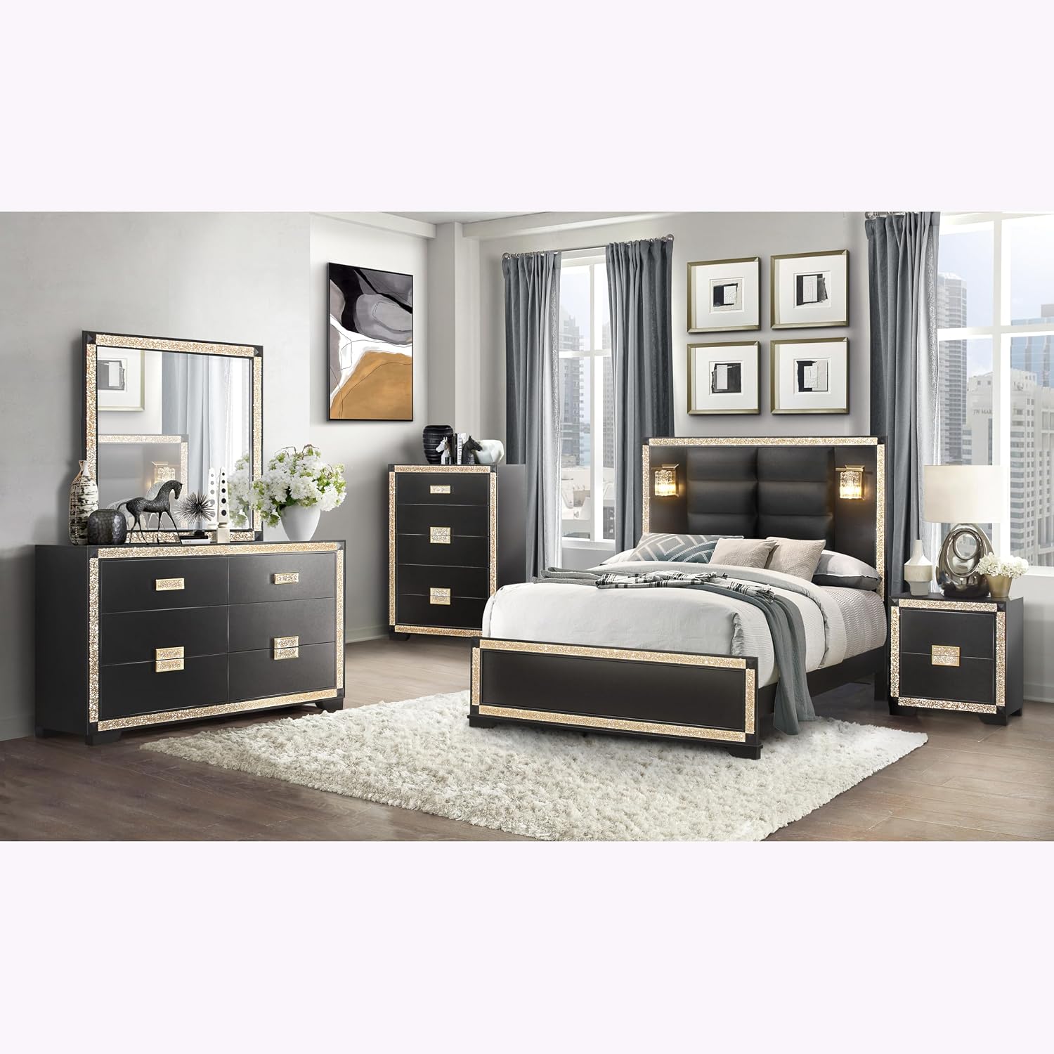 Lively Black,Gold King Bedroom Set