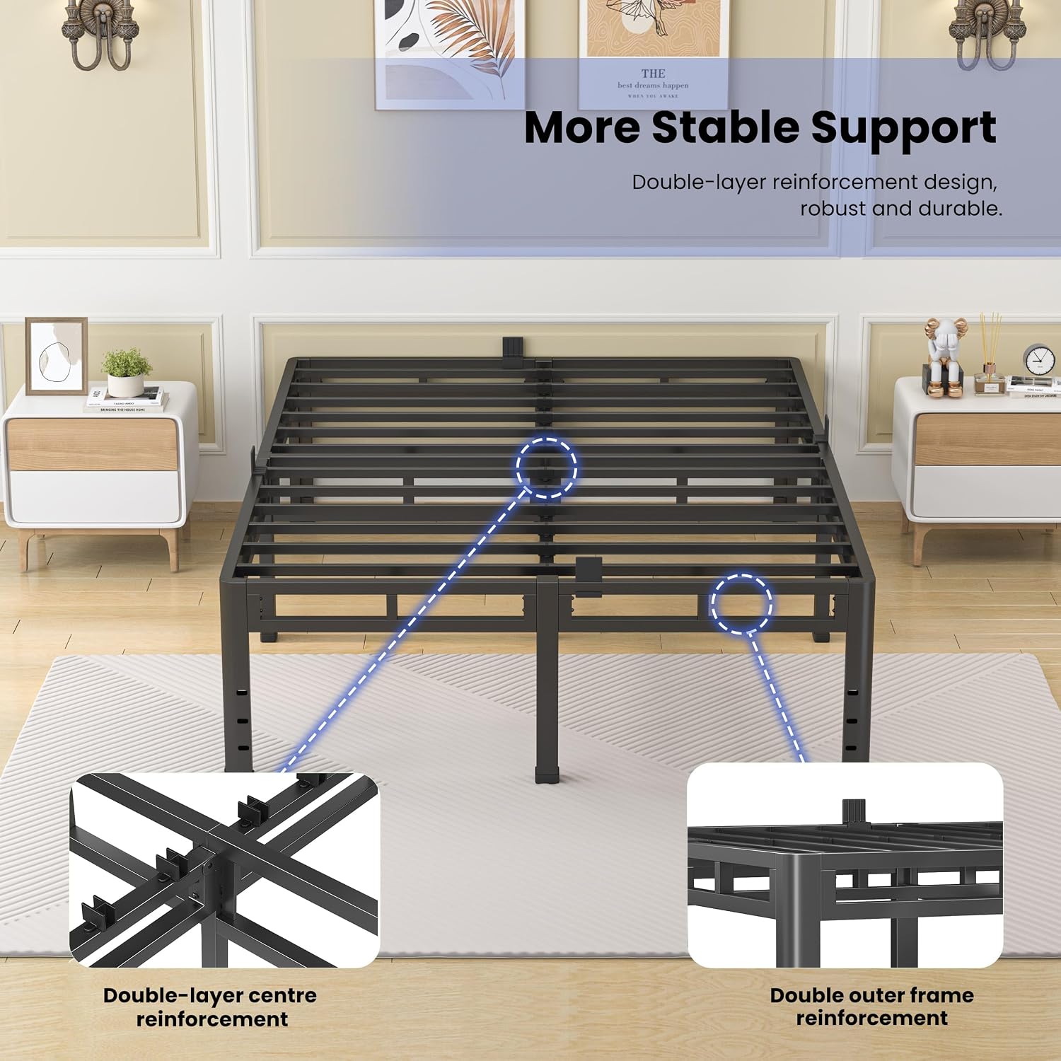 NKZ 22 Inch Full Size Bed Frame, Metal Bed Frame & Box Spring 2 in 1 Platform with Round Corner Legs, 4000Lbs Heavy Duty Metal Frame, Mattress Slide Stopper, Headboard Hole, Noise-Free, Easy Assembly