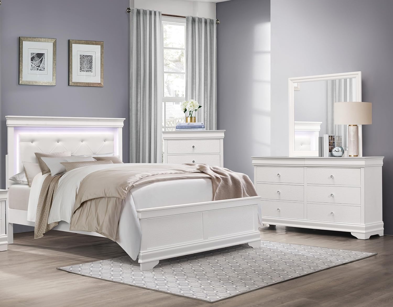 Traditional Design 4pc Set Bedroom Furniture Full Size Bed LED Light Faux Leather Upholstered Glam White Finish Crocodile Texture Panels