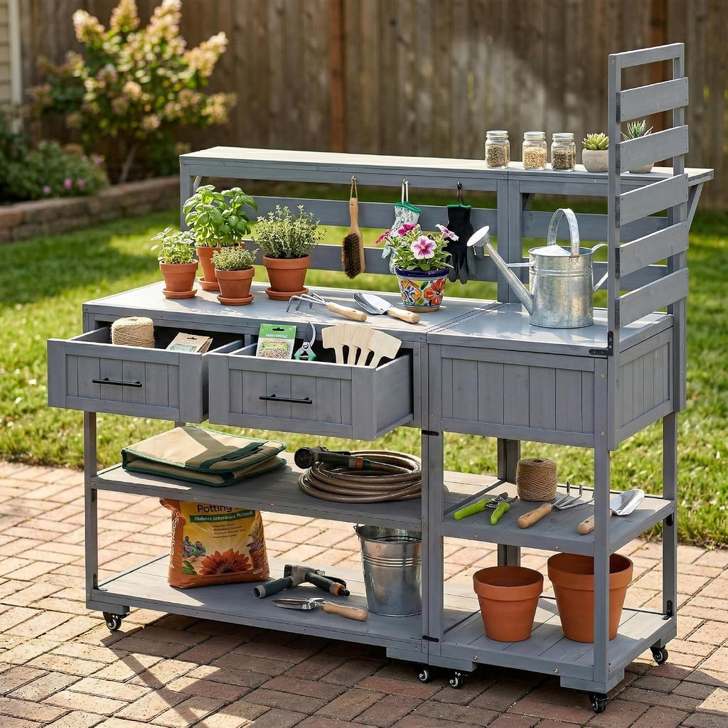 Merax 62.3' W Outdoor Kitchen Island with Stainless Steel Top, Rolling Grill Cart with Lockable Wheels, Garden Potting Bench with Raised Shelf and Drawers, Grill Prep Table for BBQ, Party, Gray