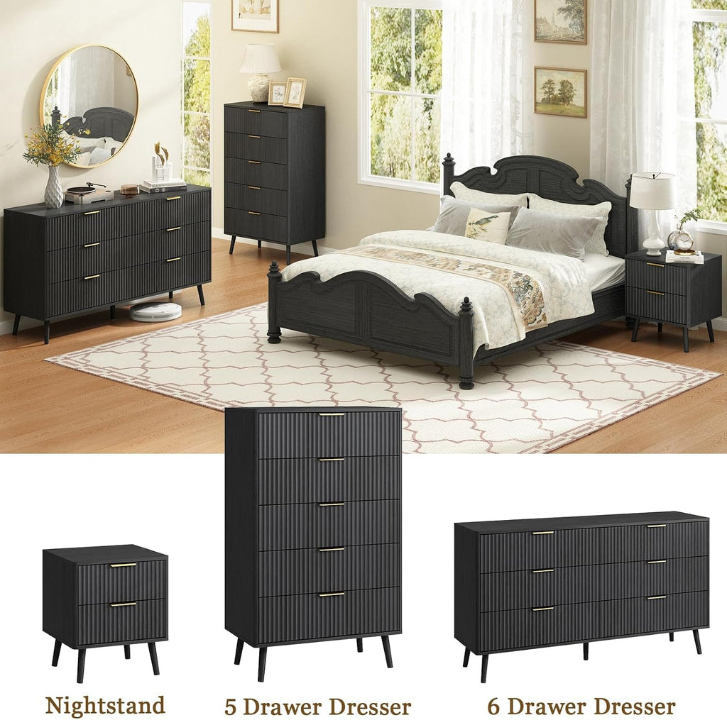 CARPETNAL Fluted 6 Drawer Dresser for Bedroom, 55' Wide Wooden Chest of Drawers with Rounded Corners, Gold Handles, Modern Storage Organizer for Bedroom, Hallway(Black)