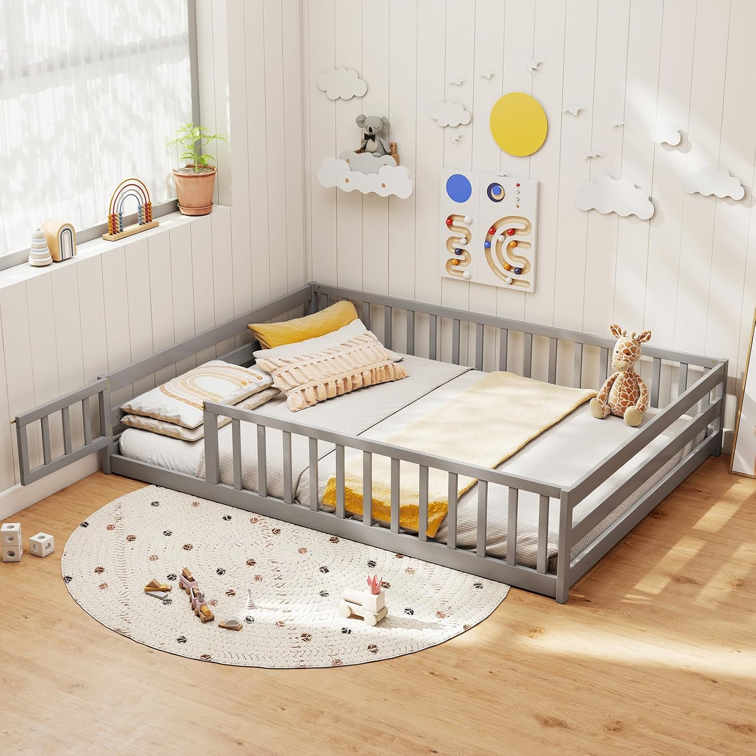 KOMFOTT Full Size Wood Floor Bed with Door & Fence, Montessori Bed Frame with Full Length Safety Guardrails, Door & Latch, Wooden Montessori Floor Bed for Kids, Girls, Boys (Full,Grey)