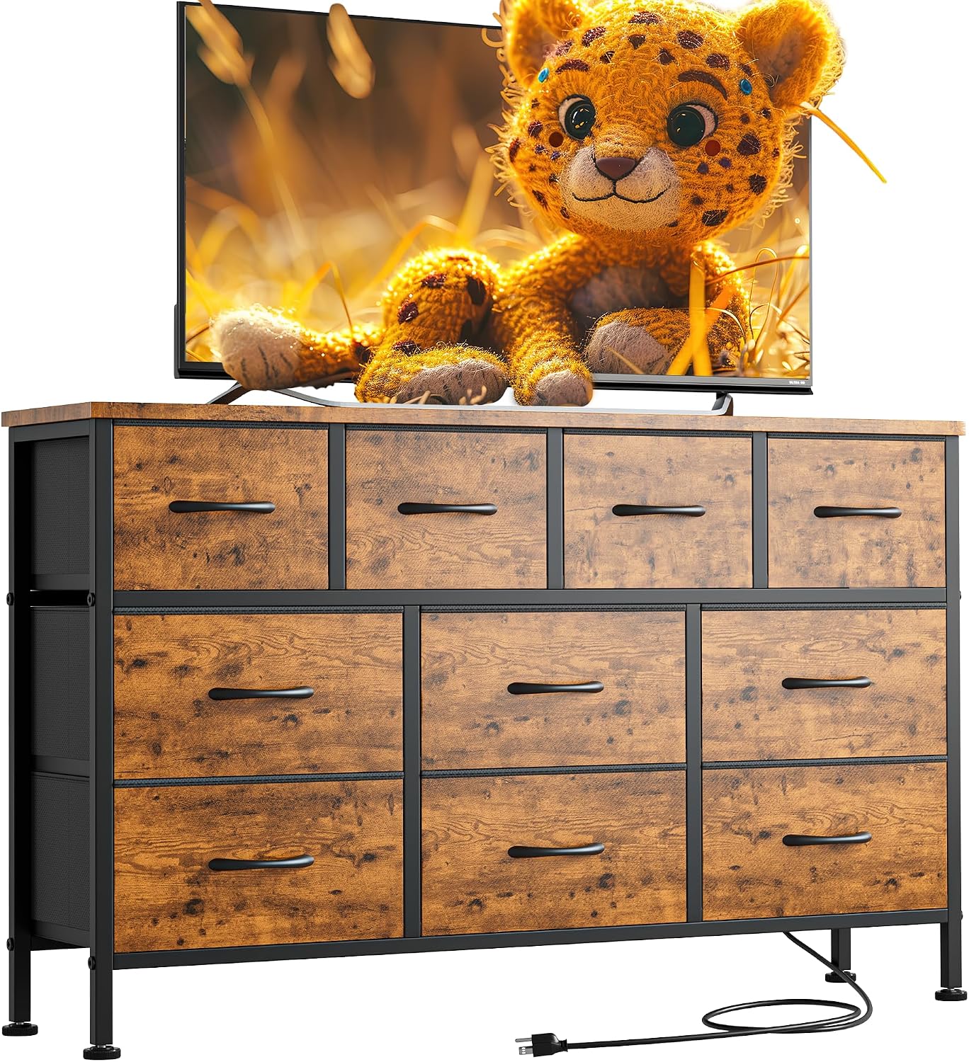 Lulive 10 Drawer Dresser for Bedroom, Dressers TV Stand with Power Outlet, Entertainment Center Bedroom Dresser, Chest of Drawers for 55'' Long TV, Wide Fabric Dresser for Storage and Organization