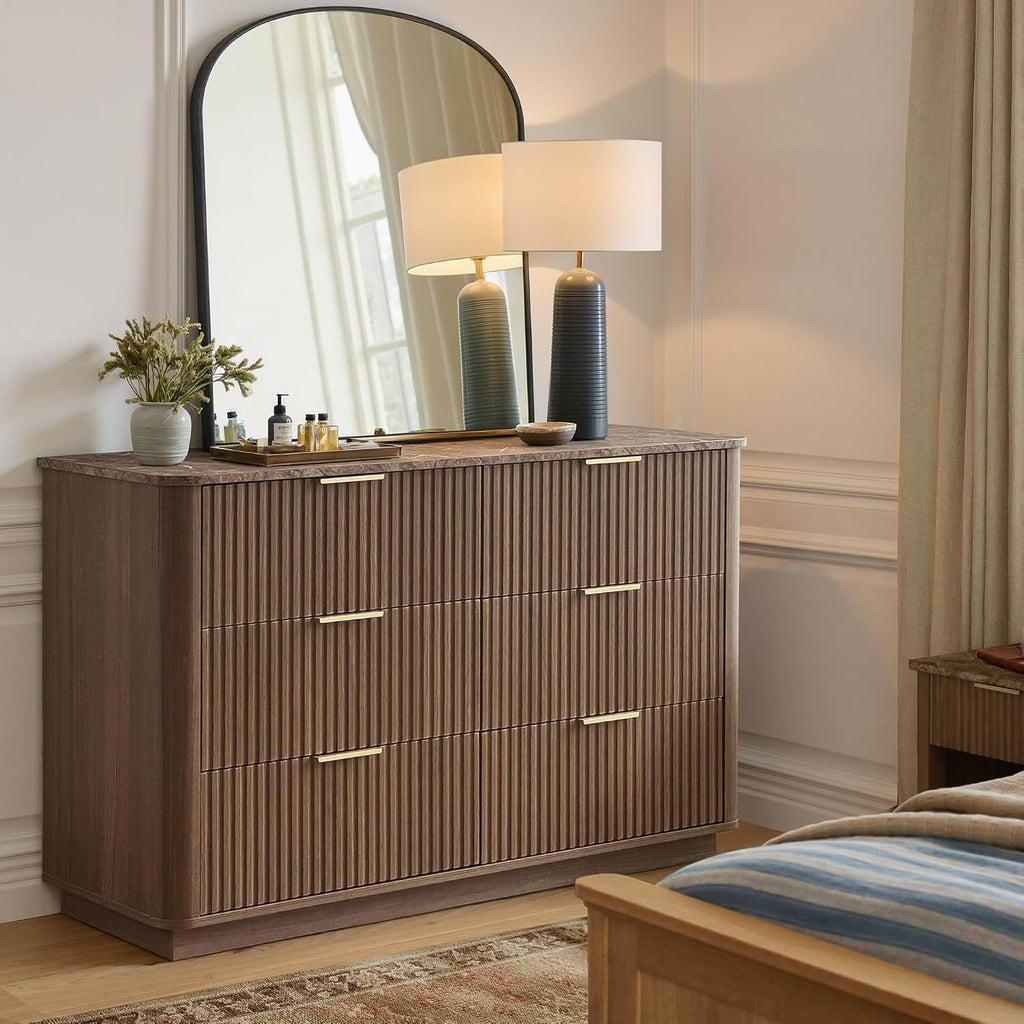 win2win 6 Drawer Dresser, Mid Century Modern Dresser with Storage, 47' Wide Fluted Chest of Drawers with Faux Marble Top, Dressers TV Stand, Drawers Organizer for Bedroom, Living Room, Hallway, Walnut