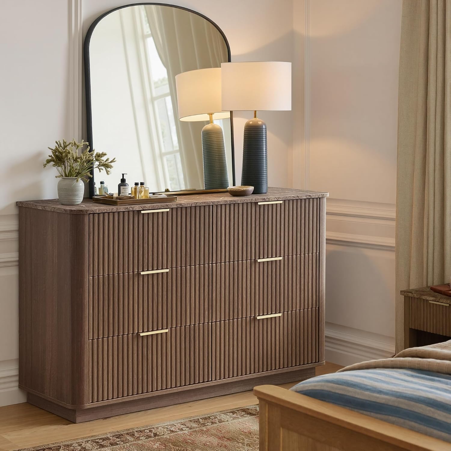 win2win 6 Drawer Dresser, Mid Century Modern Dresser with Storage, 47' Wide Fluted Chest of Drawers with Faux Marble Top, Dressers TV Stand, Drawers Organizer for Bedroom, Living Room, Hallway, Walnut