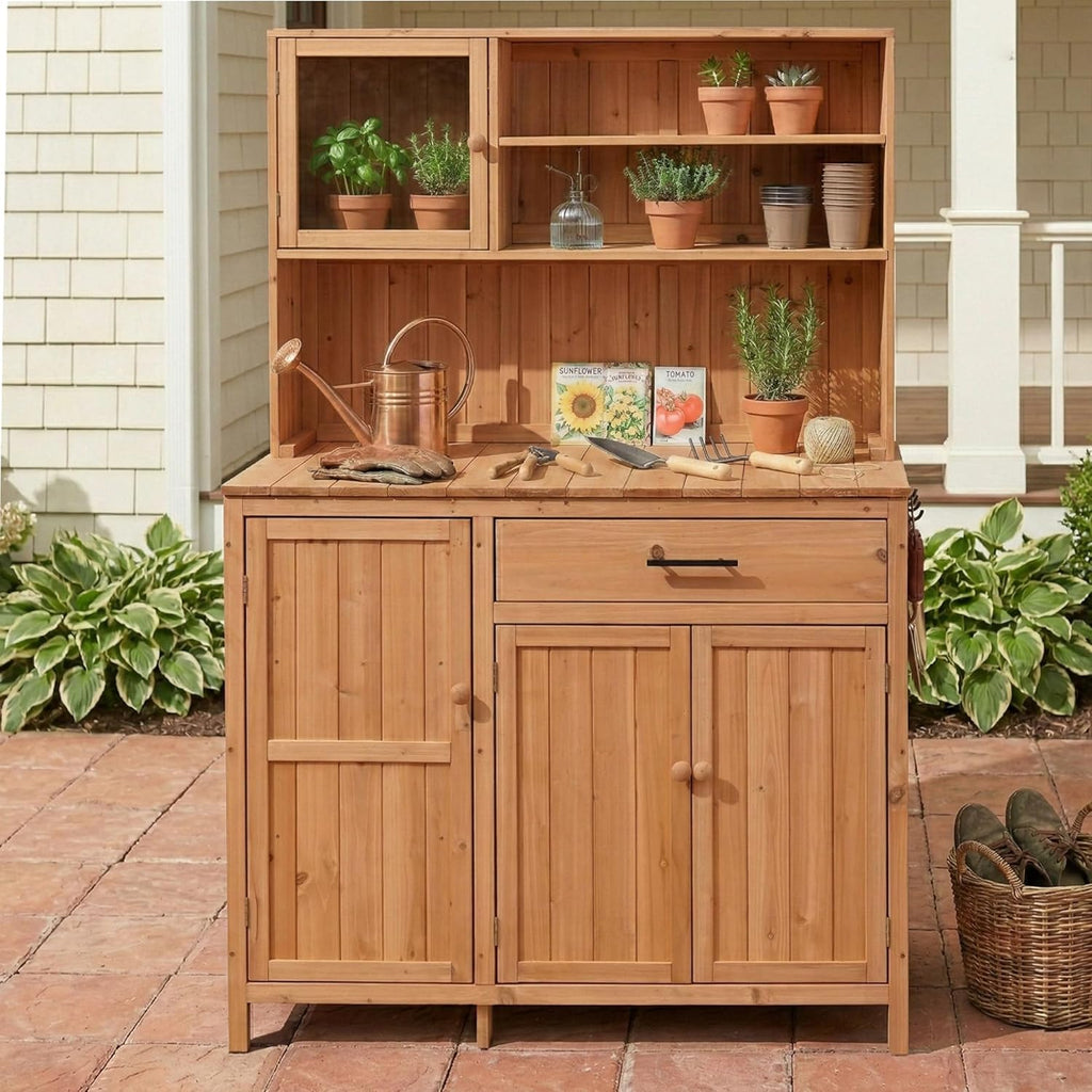 65' H Potting Bench with Hutch and Cabinet, Multi-Functional Outdoor Patio Kitchen Island with Adjustable Shelf and Side Hook, Garden Table with Storage Drawers and Spice Rack Natural