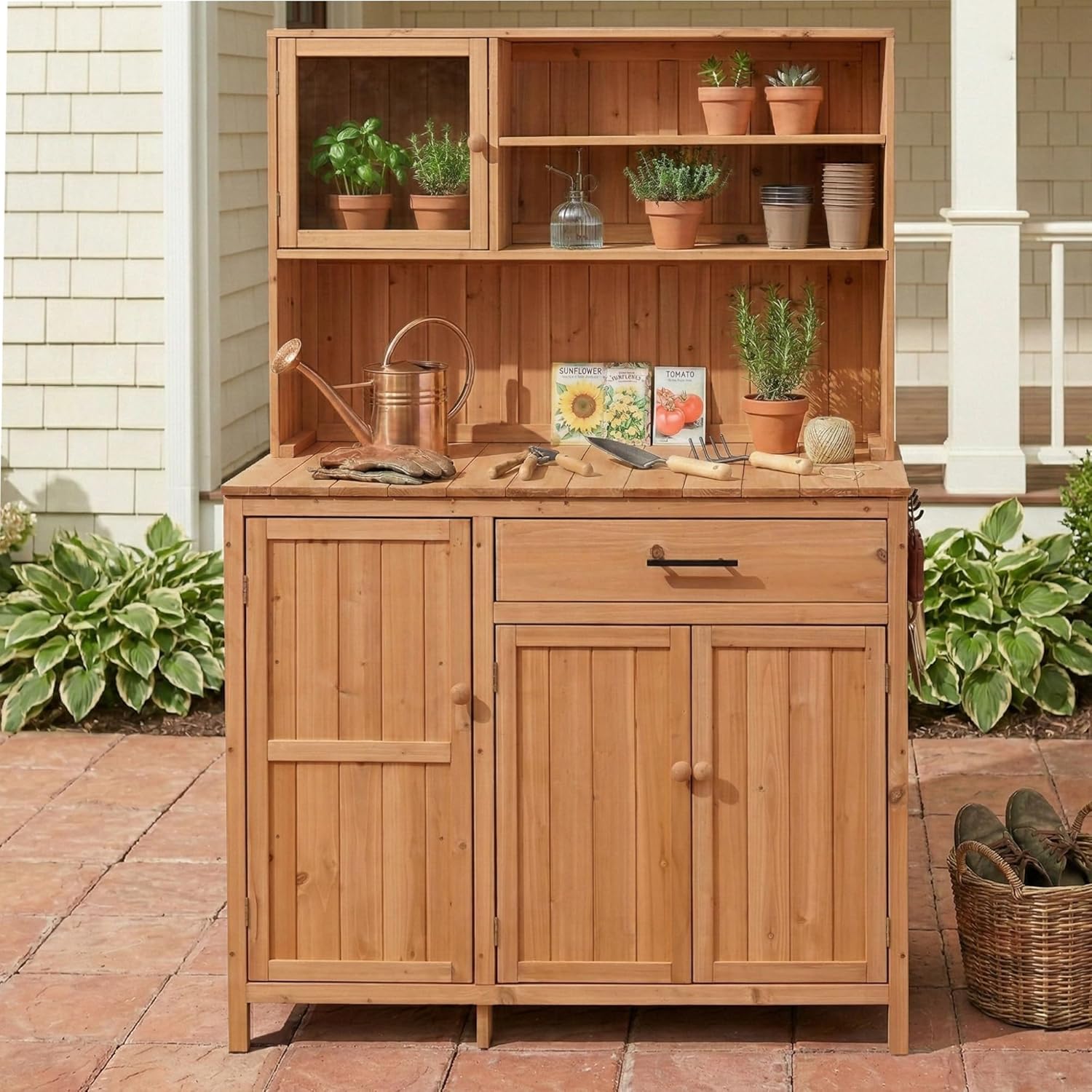 Potting Bench with Hutch, 65' H Solid Fir Wood Garden Workstation, Large Countertop,Patio Kitchen Island with Adjustable Shelves,Spice Rack, Side Hook and Drawer (Natural-Drawer)