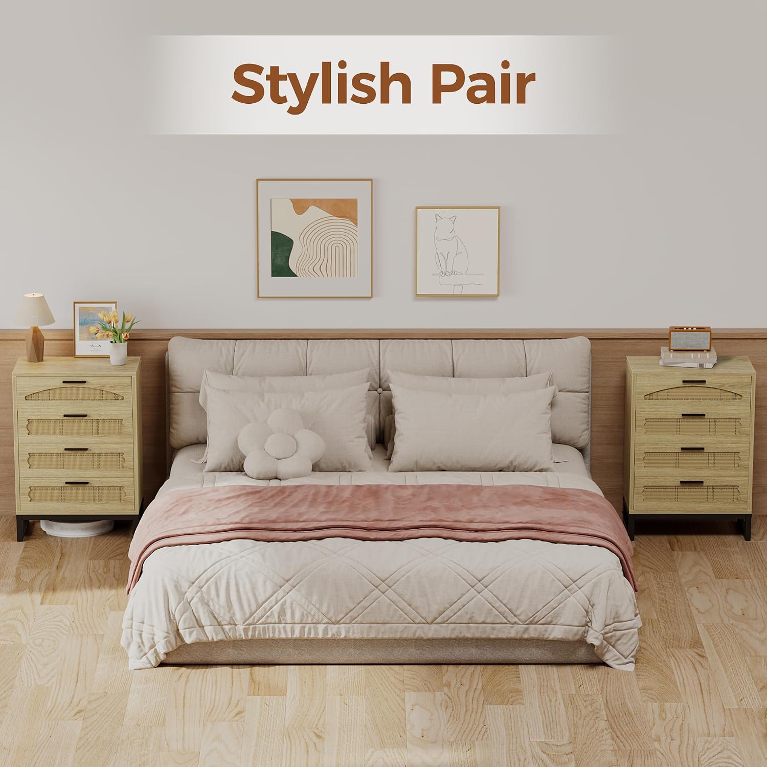 Mericonia 4 Drawer Rattan Dresser for Bedroom, Wood Tall Dresser for Closet with Metal Handles, Boho Nightstand Sets, Dressers & Chests of Drawers for Bedroom, Hallway and Entryway, Oak