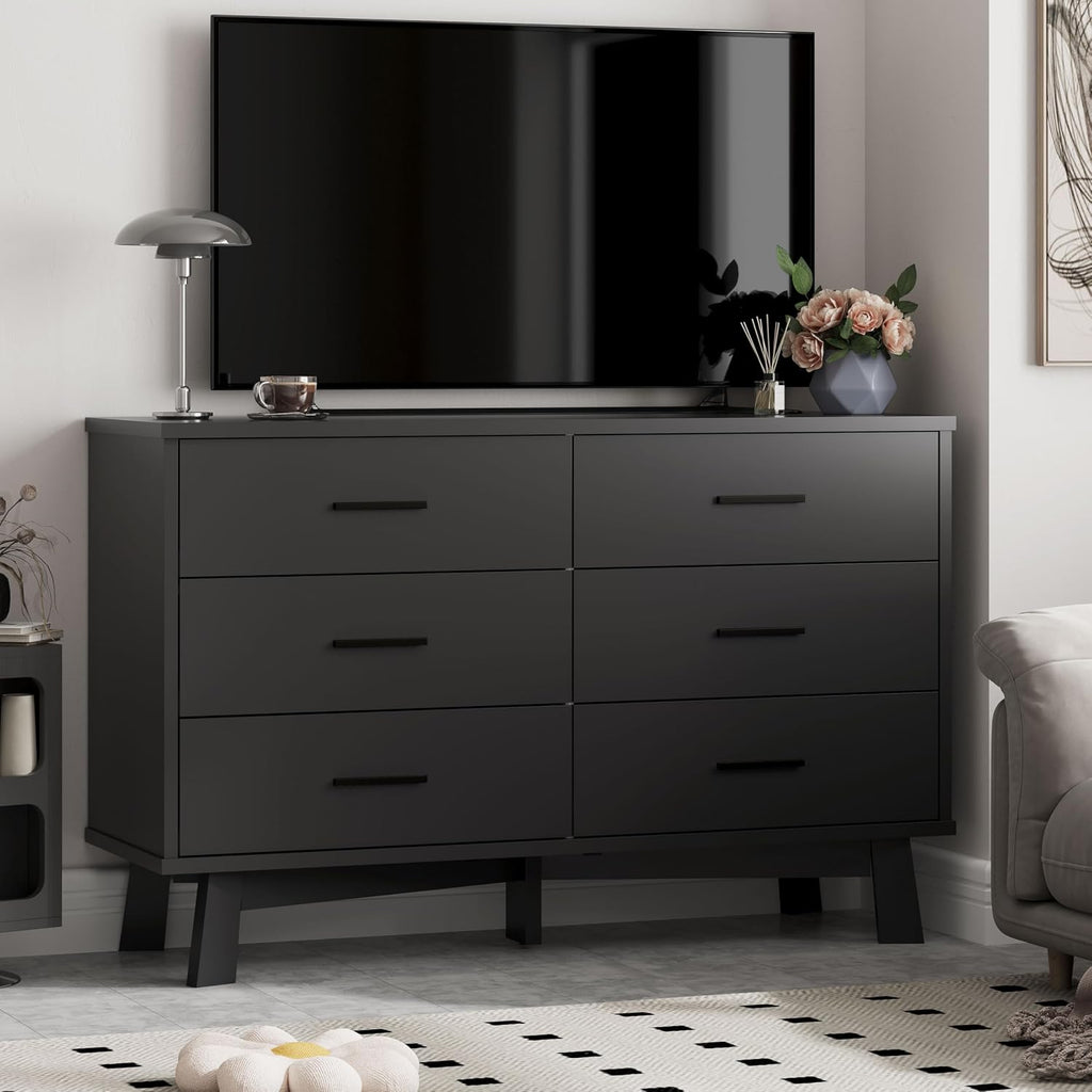 Xixini Dresser for Bedroom with 6 Drawer, Modern Chest of Drawers with X-Shaped Sturdy Base, Wide Wood Double Dresser Closet Clothes Storage Organizer, Wooden TV Stand for Living Room, Hallway, Black