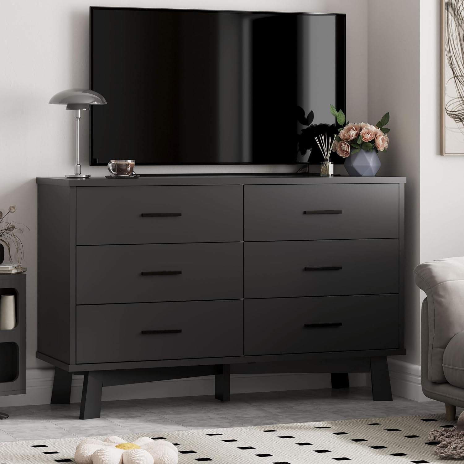 Xixini Dresser for Bedroom with 6 Drawer, Modern Chest of Drawers with X-Shaped Sturdy Base, Wide Wood Double Dresser Closet Clothes Storage Organizer, Wooden TV Stand for Living Room, Hallway, Black