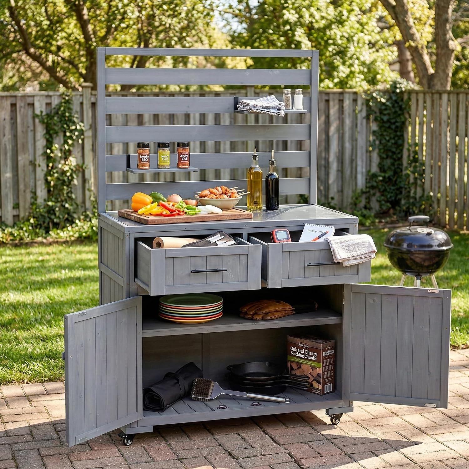 Roomfitters 64.9' Garden Potting Bench with Stainless Steel Top, Rolling Outdoor BBQ Prep Station, Storage Hutch, Drawers, Gray