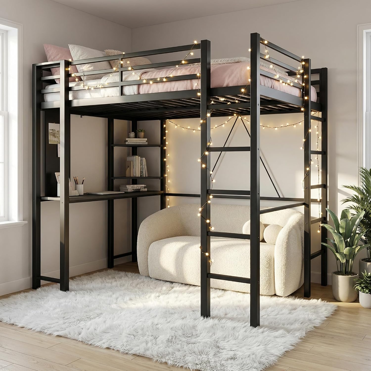 SUNLEI Loft Bed with Desk, Metal Loft Bed Full Size with 2 Built-in Ladders, Space-Saving Bed Frame, with Safety Guard, Noise Free for Small Bedroom, (Full Size) Black
