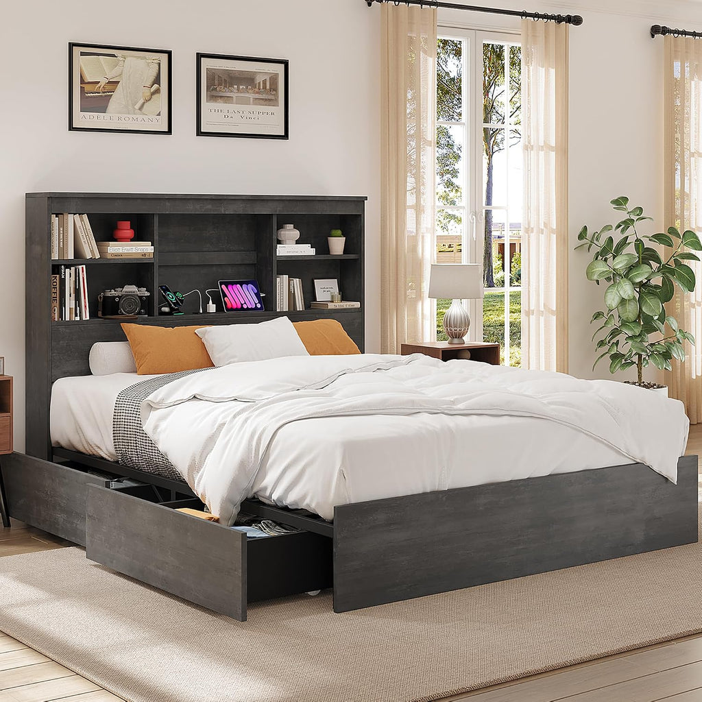 GarveeHome Full Size Bed Frame with High Storage Bookcase Headboard, Wood Bed Frame with 4 Storage Drawers, Built in Charging Station, No Box Spring Needed, Metal Frame, Noise-Free, Ink