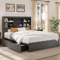 GarveeHome Full Size Bed Frame with High Storage Bookcase Headboard, Wood Bed Frame with 4 Storage Drawers, Built in Charging Station, No Box Spring Needed, Metal Frame, Noise-Free, Ink