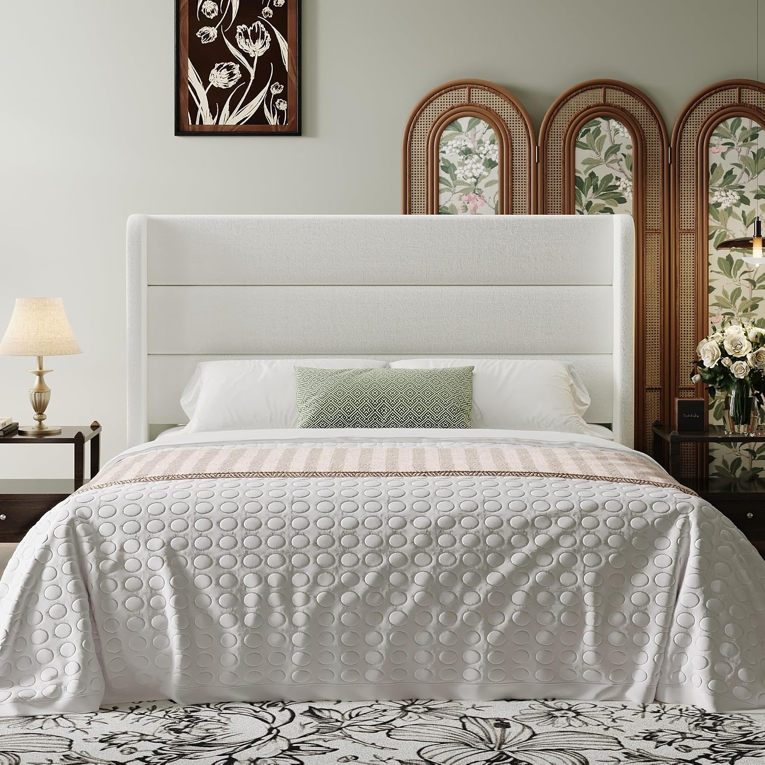 SHA CERLIN Full Size Velvet Bed Frame with Wingback Headboard/Upholstered Platform Bed with Wooden Slats/Mattress Foundation/No Box Spring Needed/Easy Assembly/White