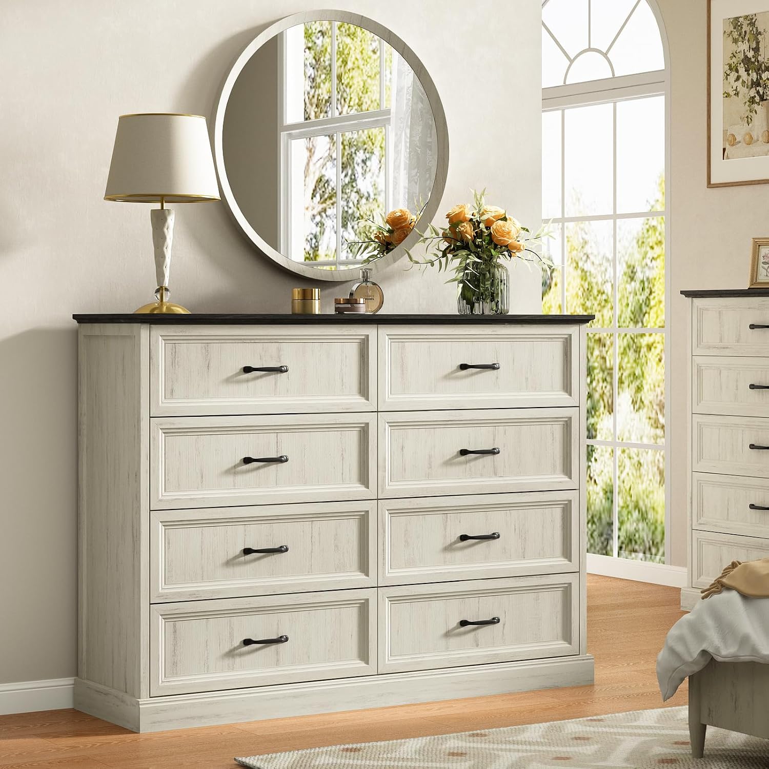 CARPETNAL Farmhouse 8 Drawer Dresser for Bedroom, 55' Wide Modern White Dresser TV Stand with Large Drawers & Bar Handles, Rustic Wood Chest of Drawers for Bedroom, Living Room, Hallway, Entryway.